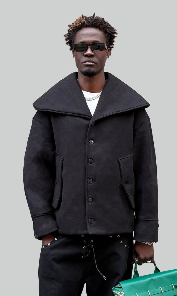 Black Sculpt Collar Wool Jacket